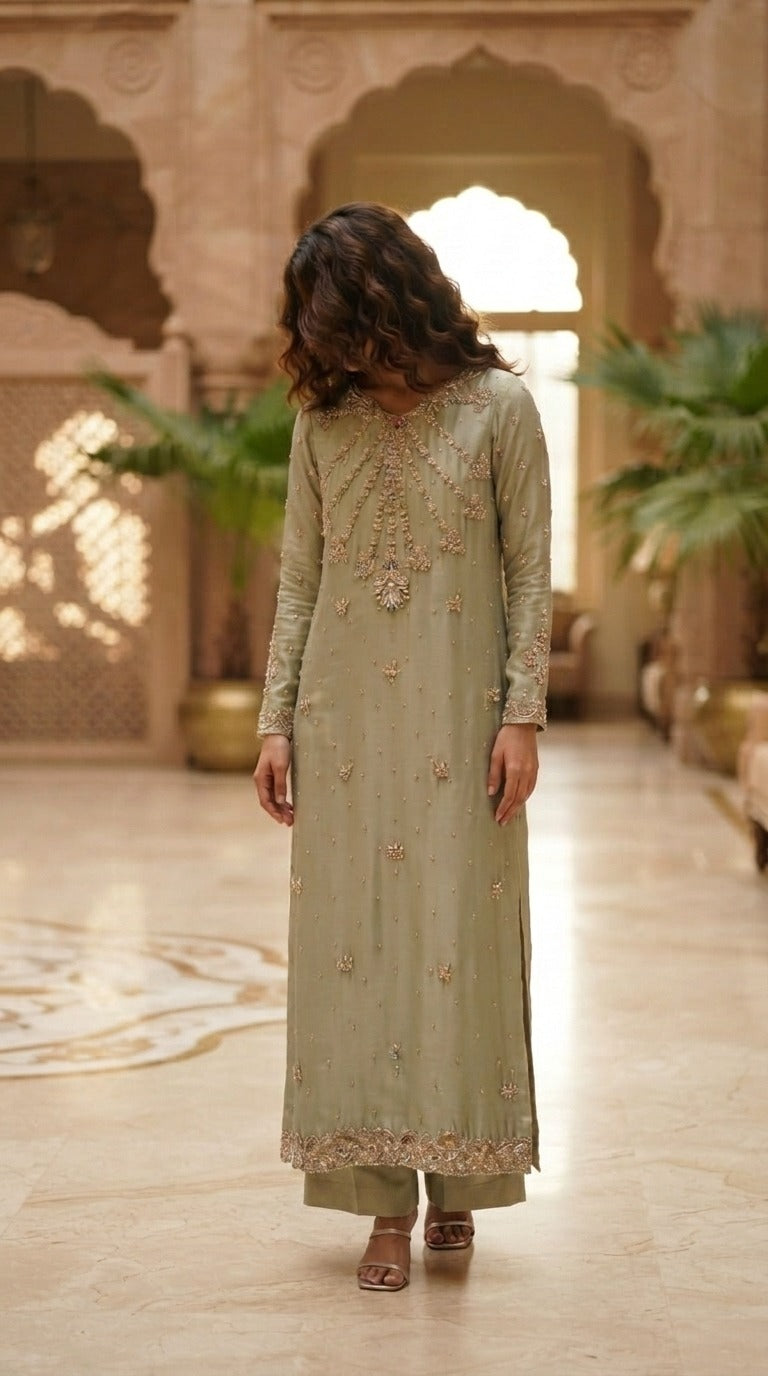 Pistachio Sunburst Embellished Kurta Set