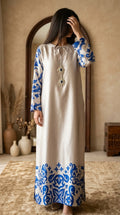 Ivory & Royal Blue Printed Long Maxi Dress