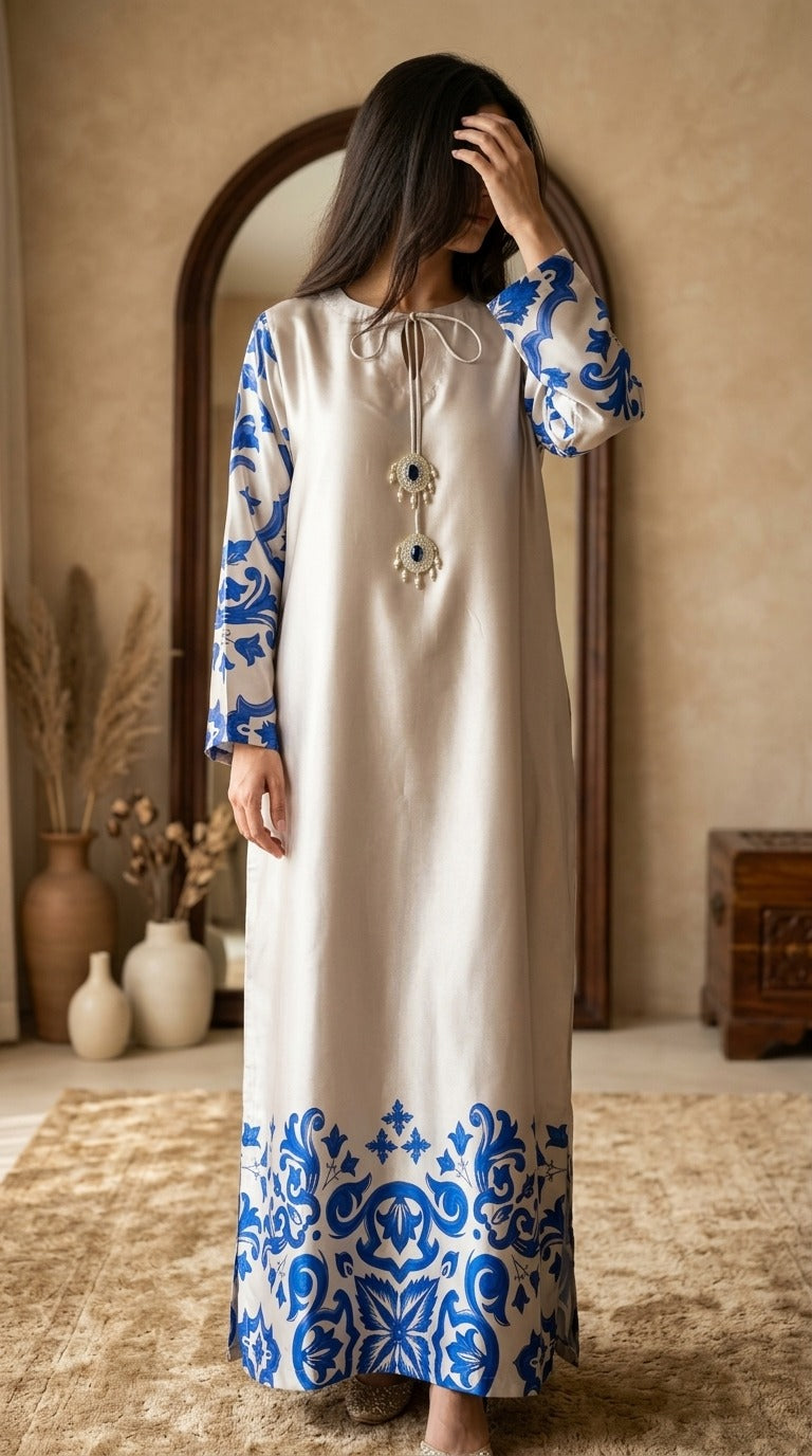 Ivory & Royal Blue Printed Long Maxi Dress