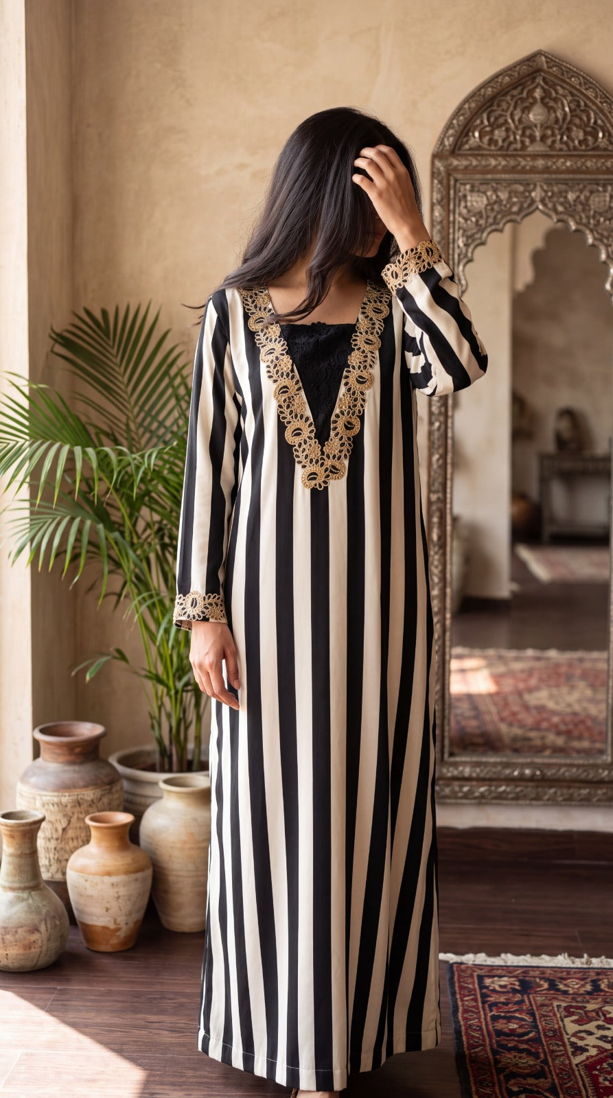 Black & Ivory Striped Embroidered Long Dress