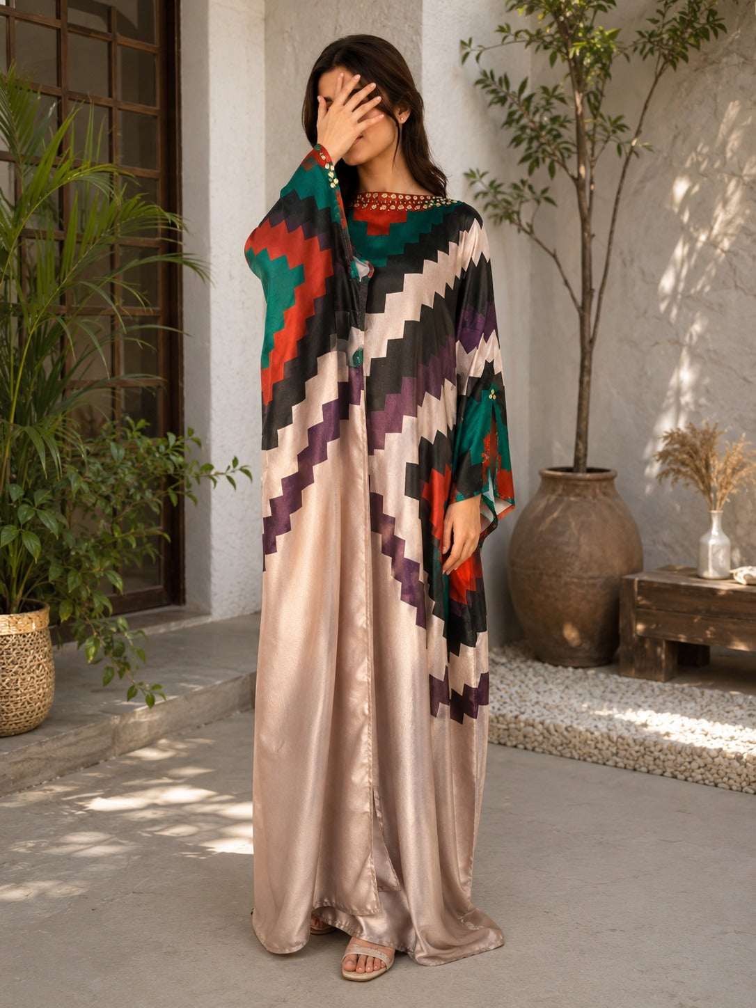 Noir Stripe Lace-Trim Kaftan