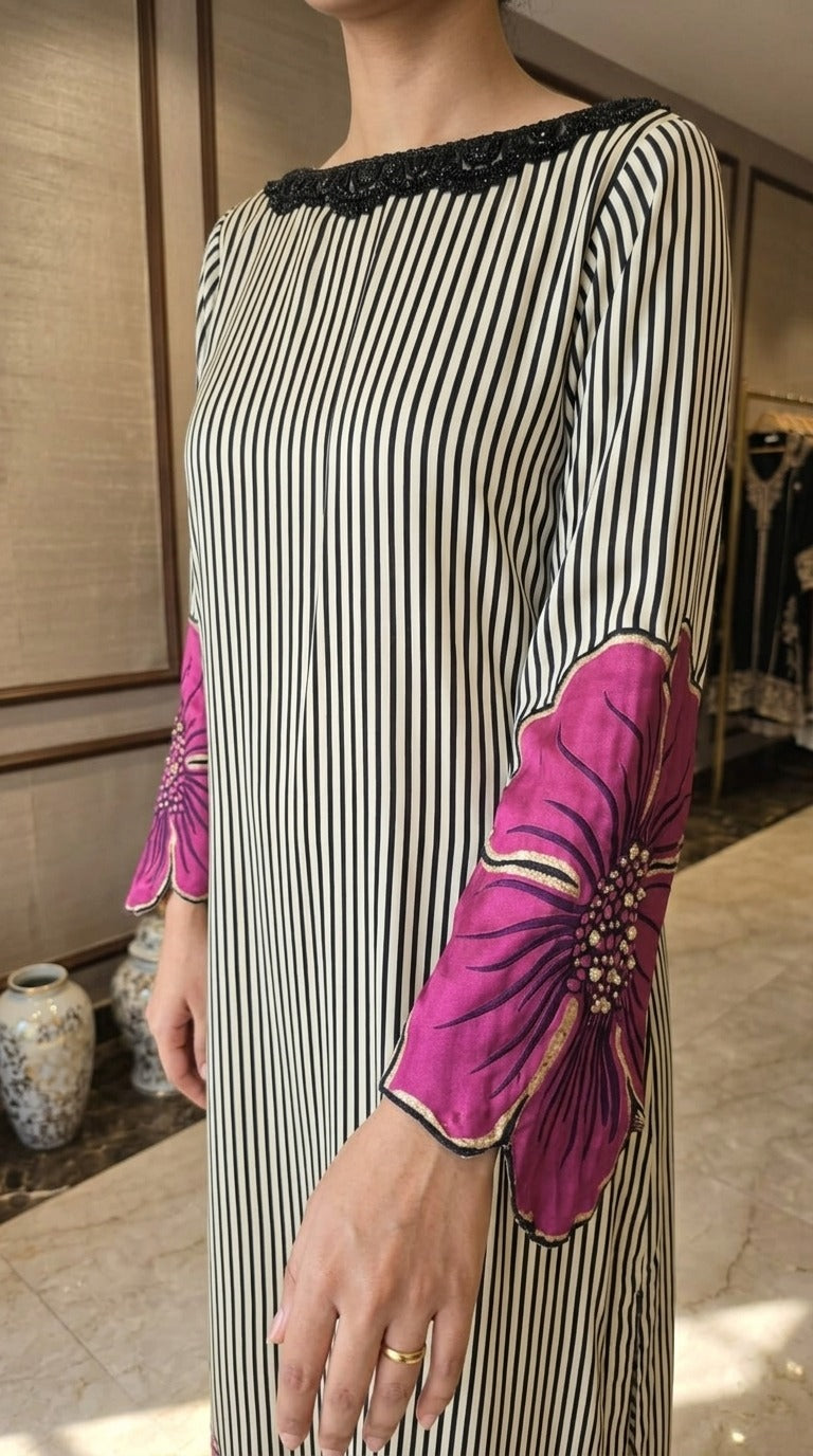 Black & Ivory Striped Embroidered 3-Piece Suit with Floral Sleeves-Scarf
