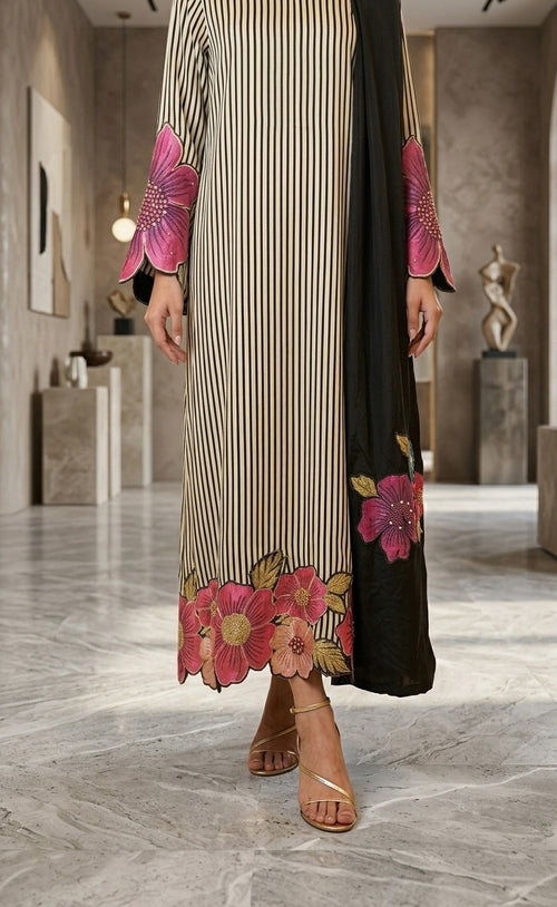 Black & Ivory Striped Embroidered 3-Piece Suit with Floral Sleeves-Scarf