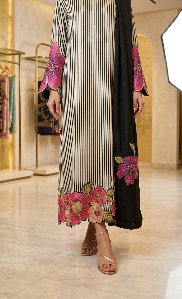 Black & Ivory Striped Embroidered 3-Piece Suit with Floral Sleeves-Scarf