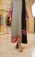 Black & Ivory Striped Embroidered 3-Piece Suit with Floral Sleeves-Scarf
