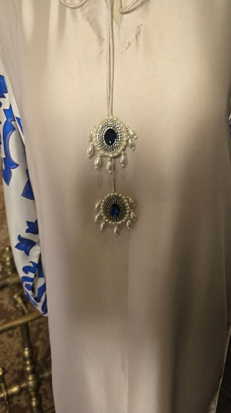 Ivory & Royal Blue Printed Long Maxi Dress