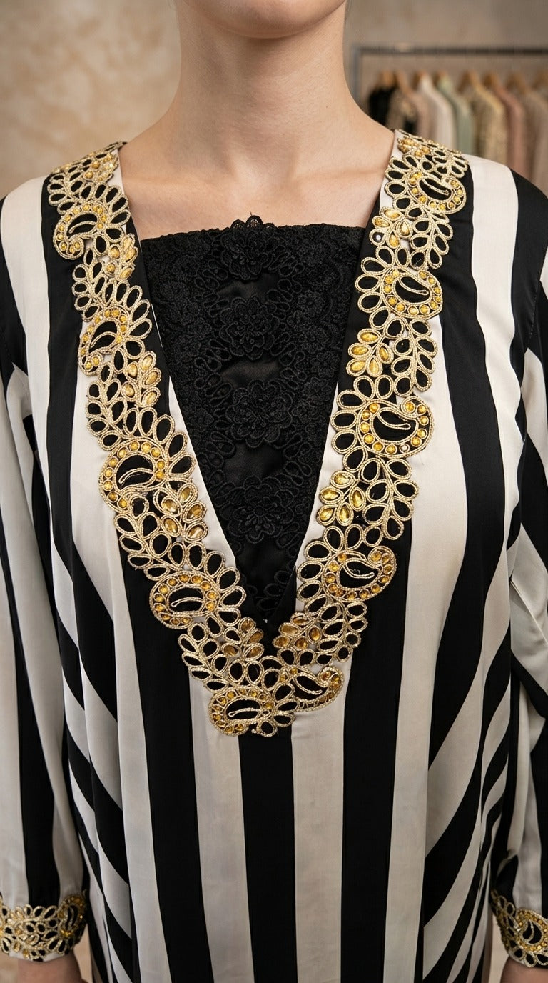 Black & Ivory Striped Embroidered Long Dress