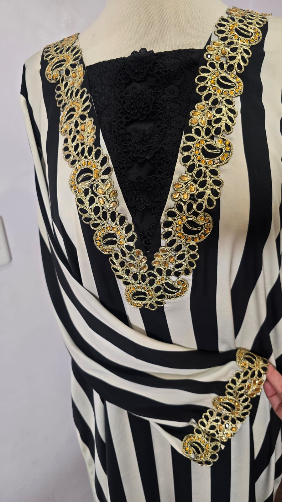Black & Ivory Striped Embroidered Long Dress