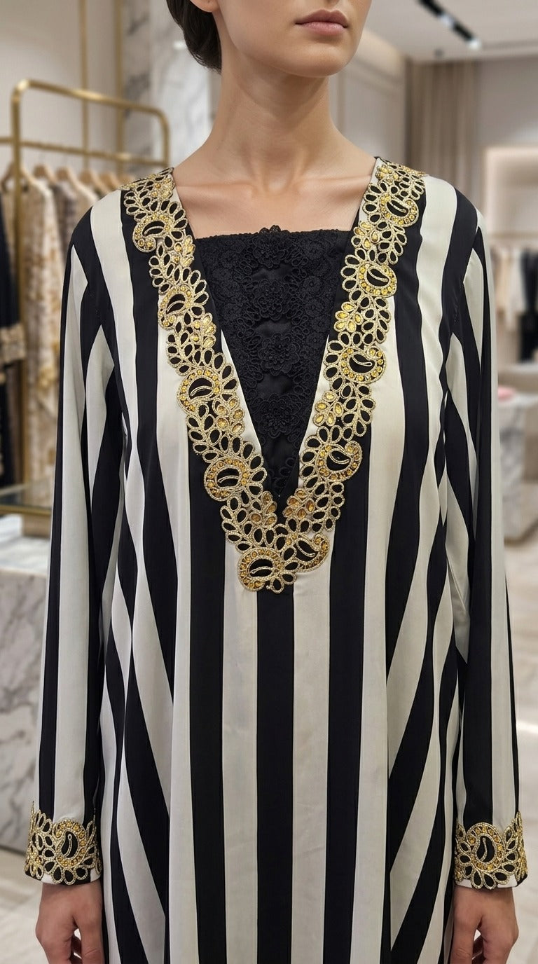 Black & Ivory Striped Embroidered Long Dress