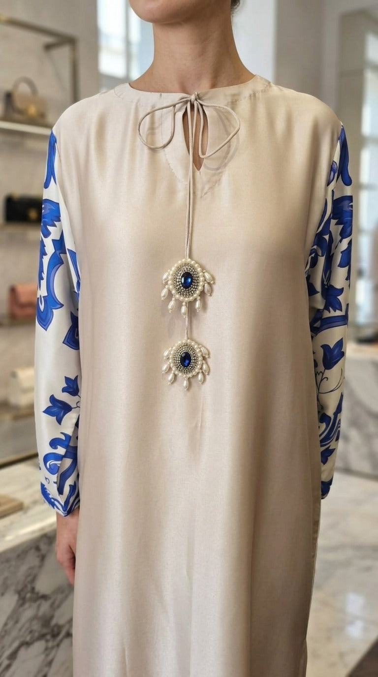 Ivory & Royal Blue Printed Long Maxi Dress
