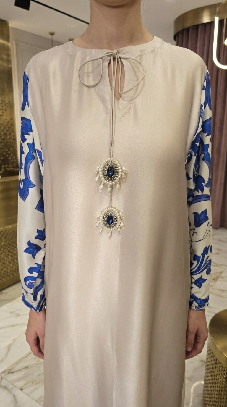 Ivory & Royal Blue Printed Long Maxi Dress