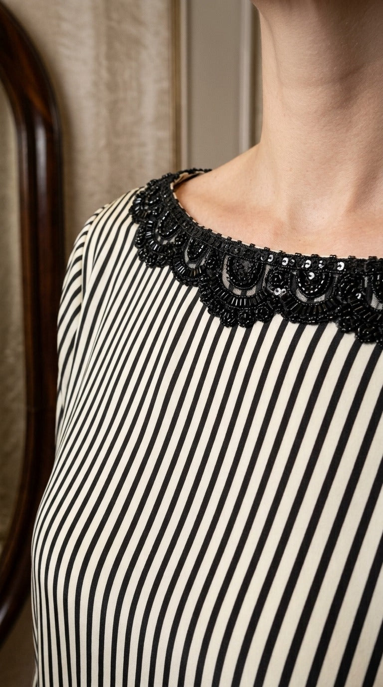 Black & Ivory Striped Embroidered 3-Piece Suit with Floral Sleeves-Scarf