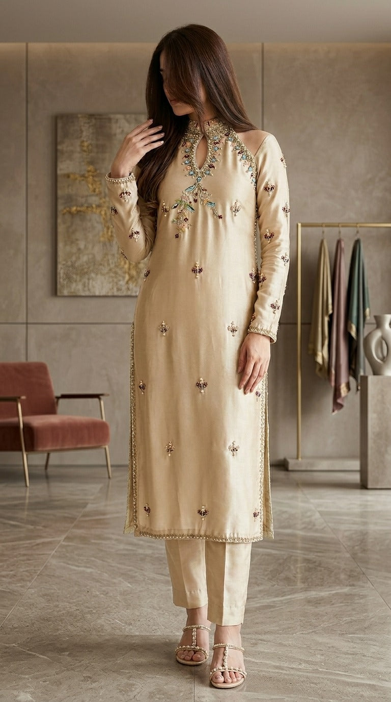 Ivory Beige Embroidered 2-Piece Suit