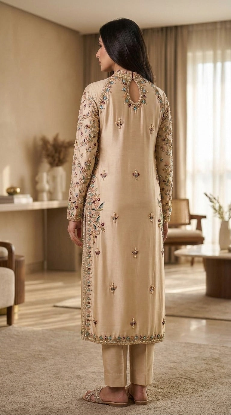Ivory Beige Embroidered 2-Piece Suit