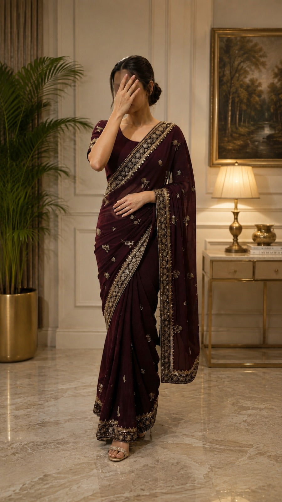 Deep Burgundy Luxury Embroidered Saree