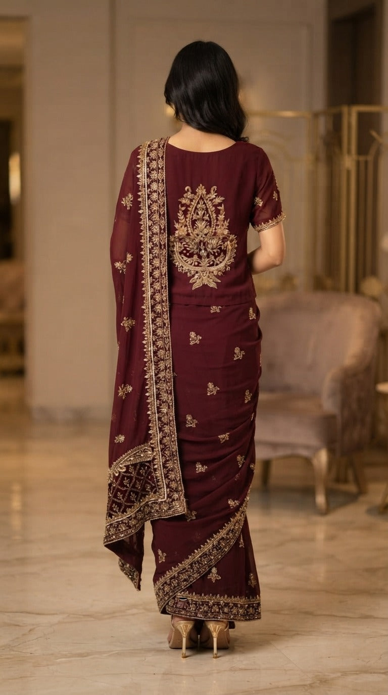 Deep Burgundy Luxury Embroidered Saree