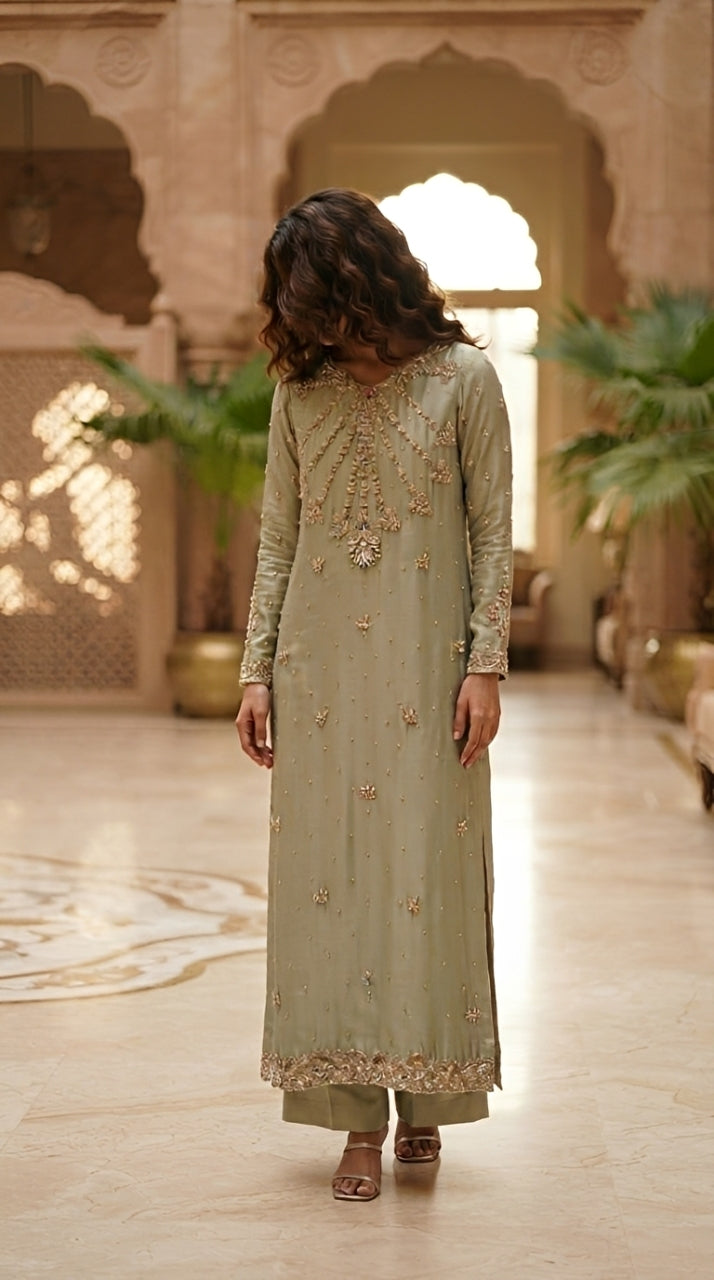 Pistachio Sunburst Embellished Kurta Set