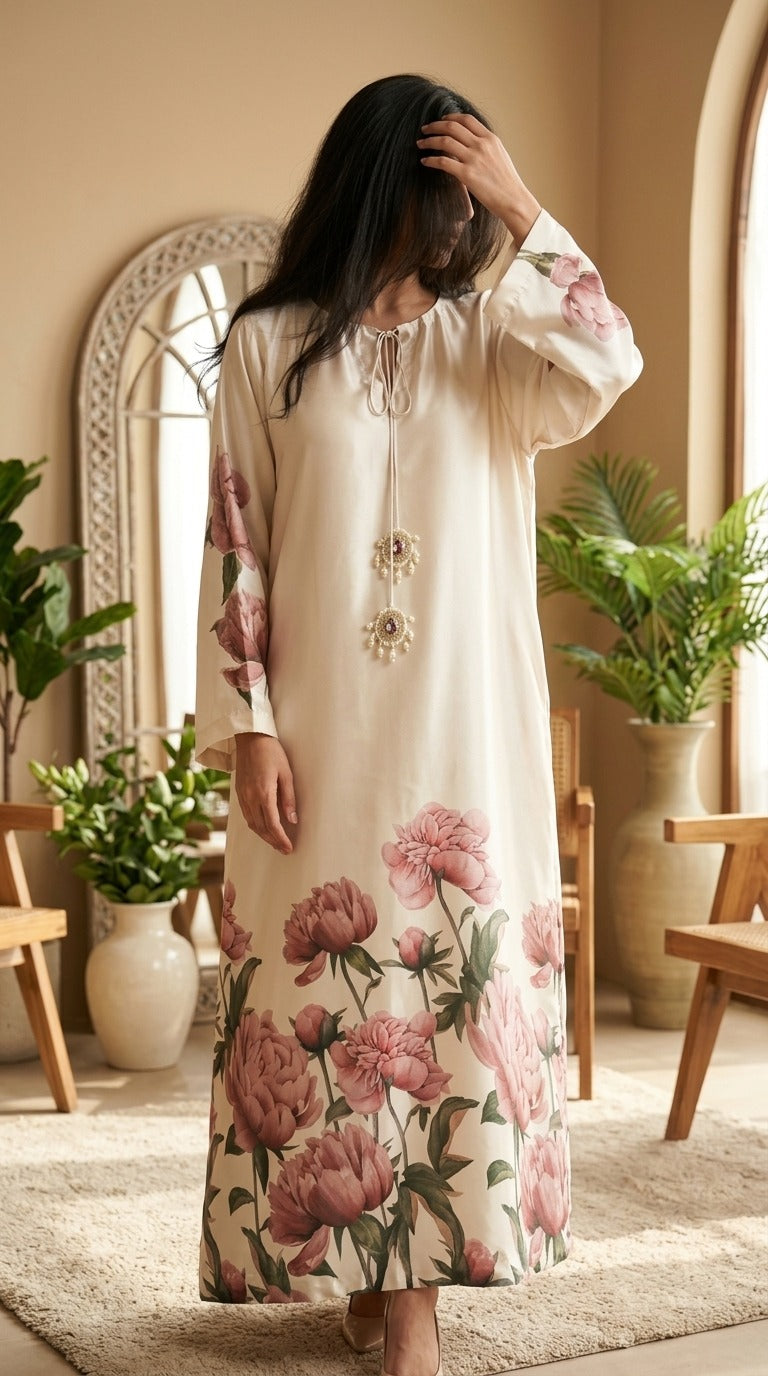 Ivory Blossom Lace-Sleeve Kaftan