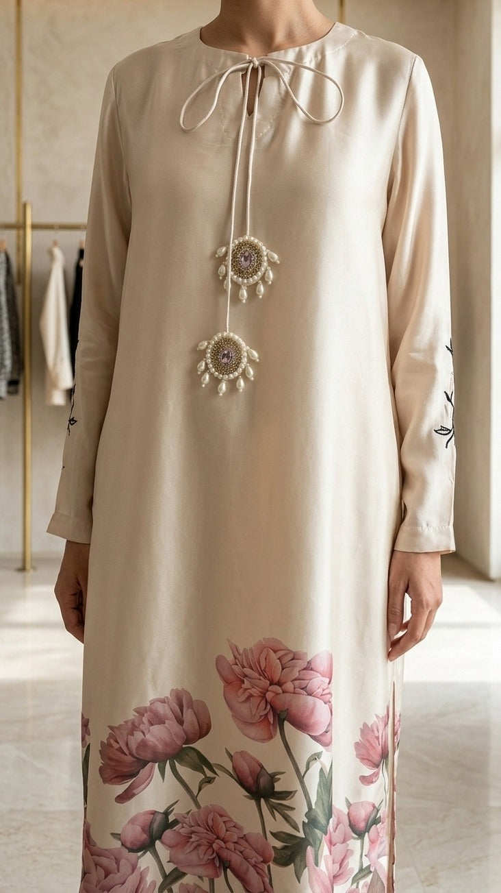 Ivory Blossom Lace-Sleeve Kaftan