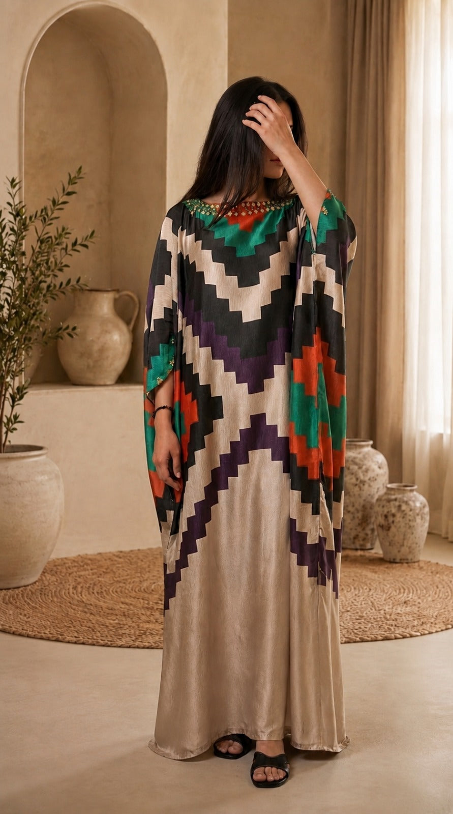 Noir Stripe Lace-Trim Kaftan