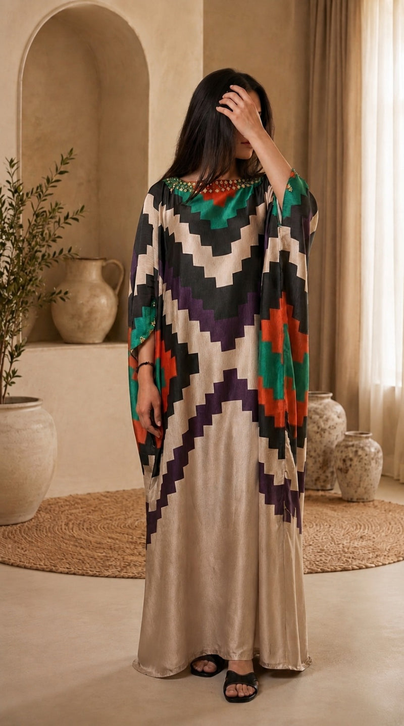 Noir Stripe Lace-Trim Kaftan